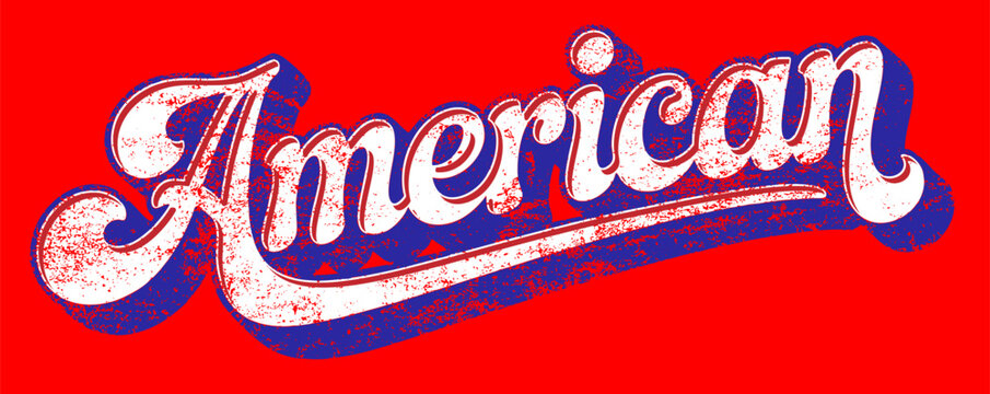 American Vintage Script Typography - Distressed White Retro Lettering with Blue Shadow on Red Background