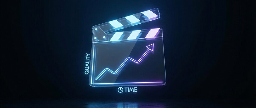 Futuristic digital movie clapperboard with neon blue glowing edges and a rising analytics chart symbolizing AI in film