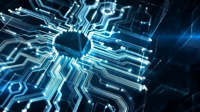 Dynamic Blue Glow Highlighting Intricate Circuit Traces And Rapid Data Encryption Processes
