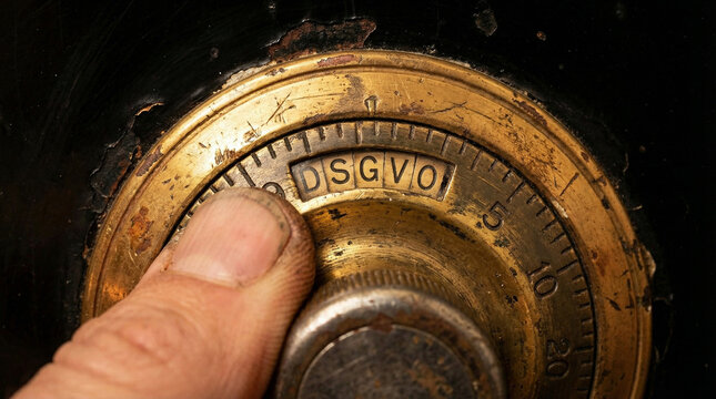 Close-up of a golden safe lock dial on a heavy steel vault door symbolizing security and protection on a dark green background, the code is DSGVO