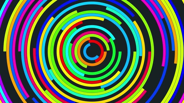 Abstract rainbow circular motion animation with spinning multicolored rings