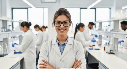 Fototapeta premium Confident scientist in a modern laboratory surrounded by colleagues