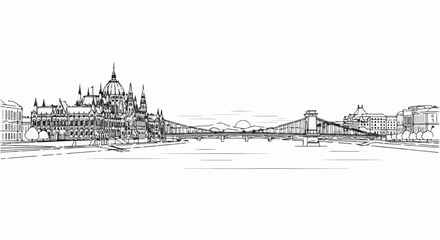Fototapeta premium Panoramic sketch of majestic buildings, bridge, river, and distant hills at sunset