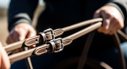 Fototapeta premium Close-up of hands holding leather horse reins with metal buckles