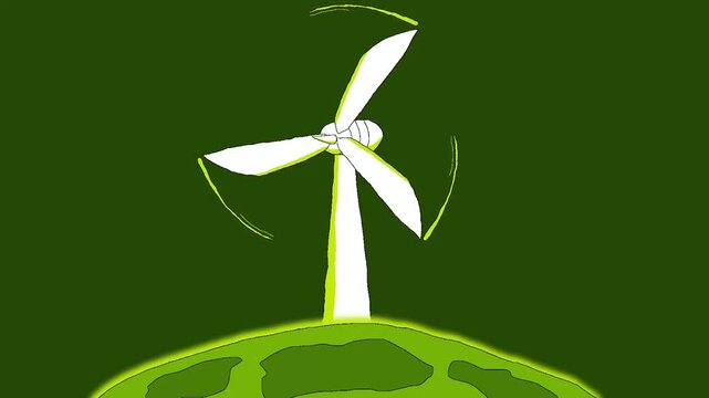 A wind turbine with large blades spinning above the earth's surface. Minimalist in style, the turbine stands tall on a hill, giving it a natural and futuristic feel. Perfect for Earth Day.