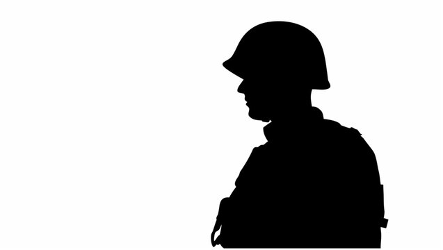 Silhouette of a soldier standing still in profile view with helmet arms crossed against a plain white background symbolizing strength and resilience