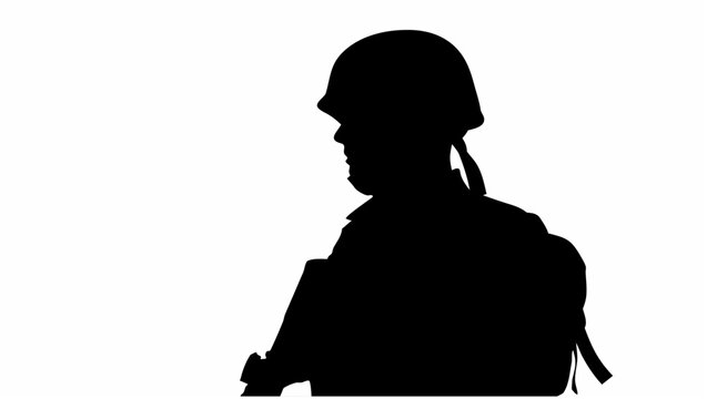 Silhouette of a soldier standing still in profile view with helmet and backpack on white background