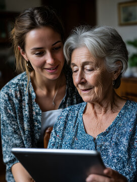 Women of different generations bonding using digital tablet
