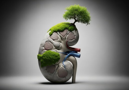 Human kidney shaped like a stone with moss and a tree