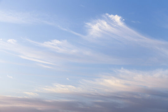 Beautiful soft gentle cloudy blue sky with white cirrus clouds, abstract background texture