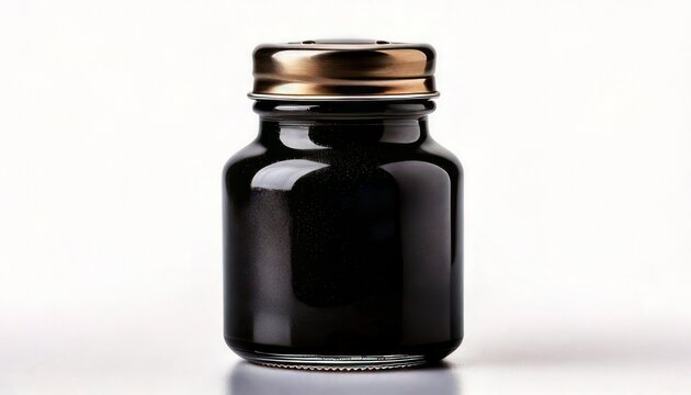 Glass jar filled with dark liquid on white background.