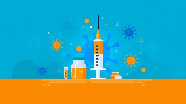 Immunization vaccination syringe virus healthcare medical prevention injection immunity disease protection safety science research pandemic treatment concept blue orange vector background design