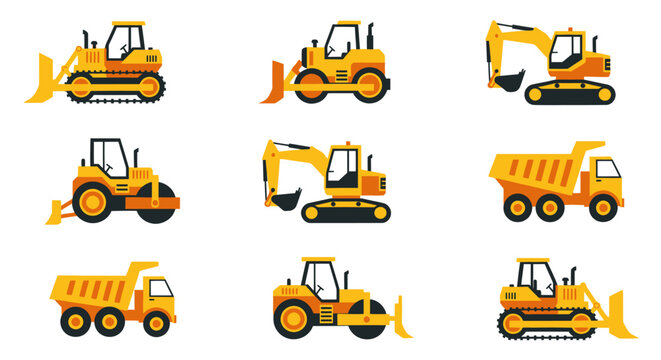 Collection of flat design construction vehicles and heavy machinery