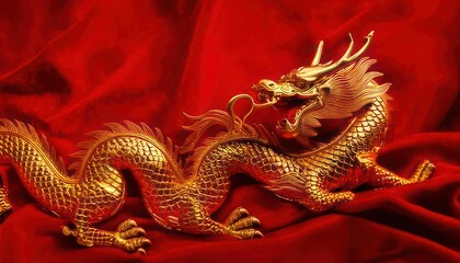 Obraz premium Golden Chinese Dragon on Red Fabric - Symbol of Power.