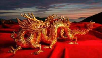 Obraz premium Golden Chinese Dragon Statue on Red Fabric with Dramatic Sky.