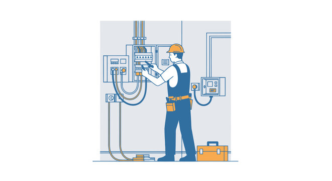 Electrician working on a fuse box with tools and a toolbox.