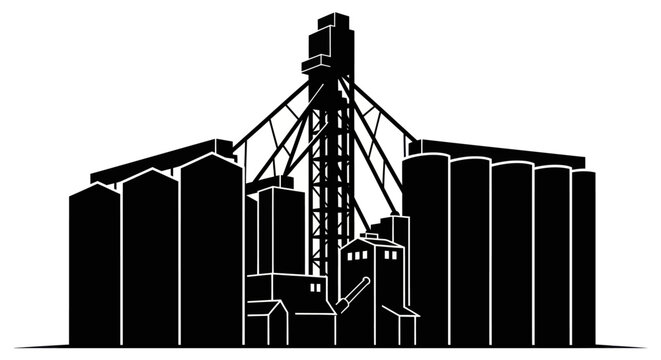 Industrial grain elevator silo facility silhouette illustration