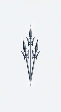 Three metallic trident spearheads converging vertically on white background, abstract symbol, minimal design.