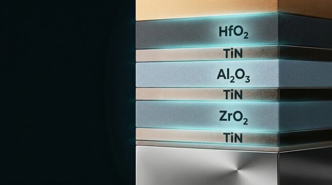 Layered dielectric and metal semiconductor stack showcasing sustainable computing efficiency and advanced material engineering
