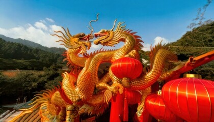 Fototapeta premium Golden Dragons and Red Lanterns - A Celebration of Chinese Culture.