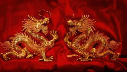Obraz premium Golden Dragons on Red Fabric - A Symbol of Power and Prosperity.