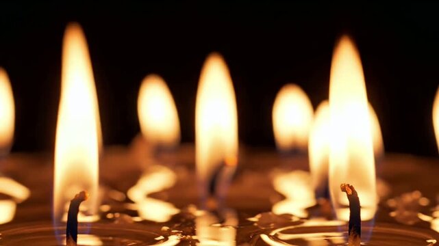Many candle flames glowing on dark background holocaust day concept 