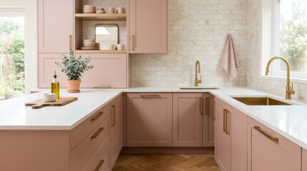 Fototapeta premium Elegant pink kitchen with gold fixtures and marble backsplash