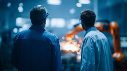 Fototapeta premium Engineers observing robotic welding process