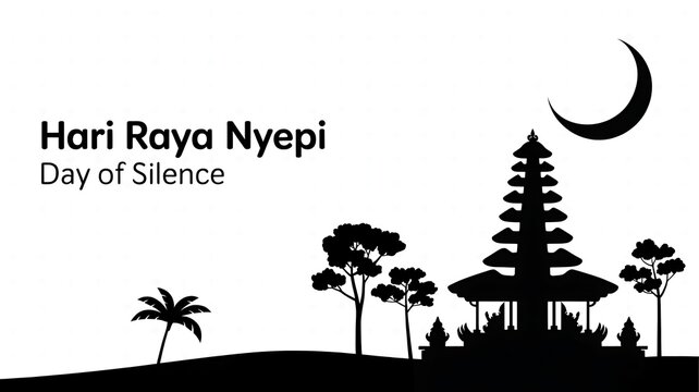 A minimalist black and white silhouette illustration celebrating the balinese day of silence nyepi