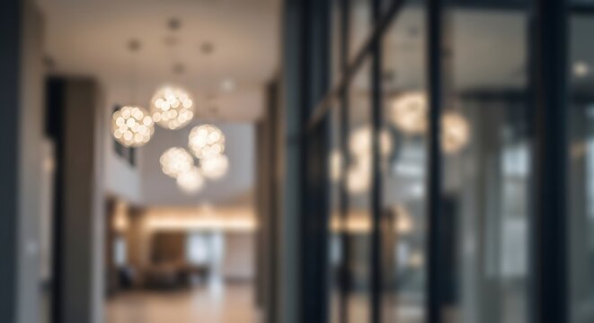 Blurred interior view through glass doors modern architecture neutral background and soft lighting design