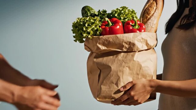 Freshly baked french baguette in a brown paper grocery bag against a blue background with copy space.
