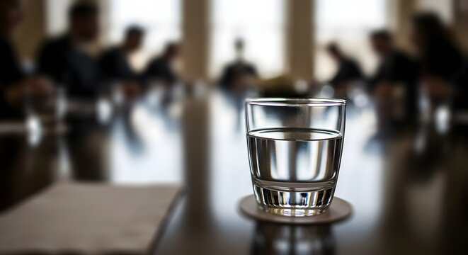Blurred background conference setting with glass of water event meeting and business communication focus