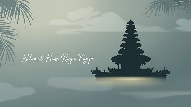 A serene graphic illustration celebrating selamat hari raya nyepi with a traditional balinese temple