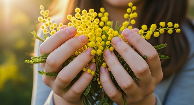 Girl holding mimosa branches in hands with bright yellow flowers and green leaves captured during sunny day. Girl's hands cradle blooming mimosa with vibrant yellow blossoms.