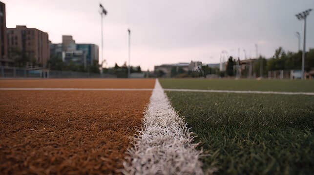 A textured cross section of a professional sports field transitioning sharply from reddish brown track material to lush green grass marked by a clean