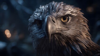 Fototapeta premium Majestic Eagle Portrait Close-up, Fierce Gaze, Detailed Feathers, Dark Moody Background