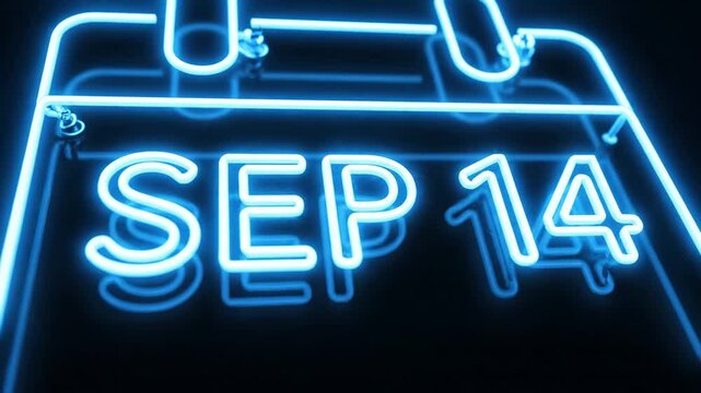 Blue neon glowing calendar icon displaying the date September 14 on a dark background.