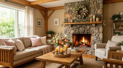 Obraz premium Cozy living room with stone fireplace, comfortable sofa, and floral decorations