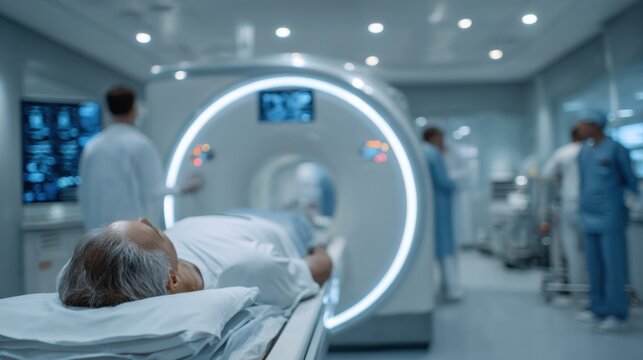 Occupied MRI suite with patient lying on the table focused on patient and machine interface while the rest of the room remains softly out of focus to emphasize clinical care.