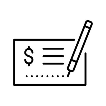 Bank check icon. Business and payments line symbol. Black and white.