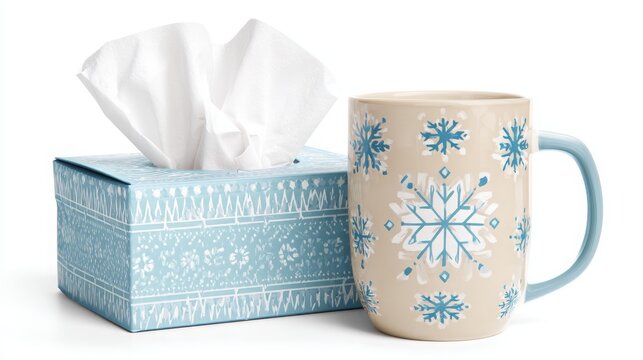 Cold flu tissue box tissues drink healthcare illness sick hygiene treatment prevention medicine cough fever relief hot beverage isolated white background copyspace mockup
