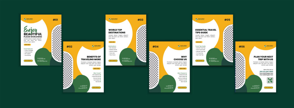 Travel Agency Services Social Media Carousel Template Set, Tourism Advertising Post, Vacation Campaign Banner Design