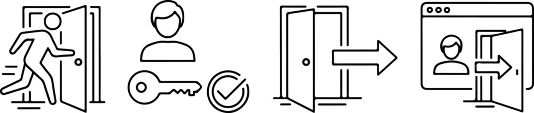 Entrance icon collection, successful entry concept, user key access, account page, open door symbol, vector line art illustration eps