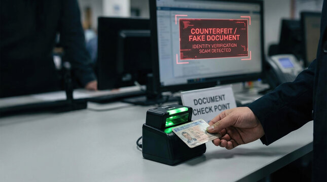 Counterfeit fake document scam alert warning on computer screen with hand holding id card for cybersecurity check point verification