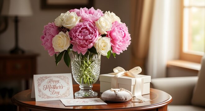 Beautiful flowers in vase with gift box and Happy Mothers Day card on table