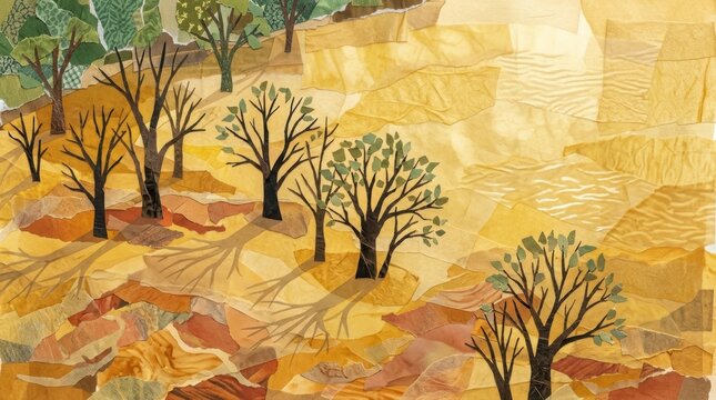 Handmade paper collage illustration of a sunny woodland landscape with trees and long shadows.