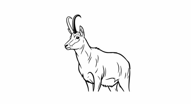 A black and white line drawing of a chamois standing on a white background