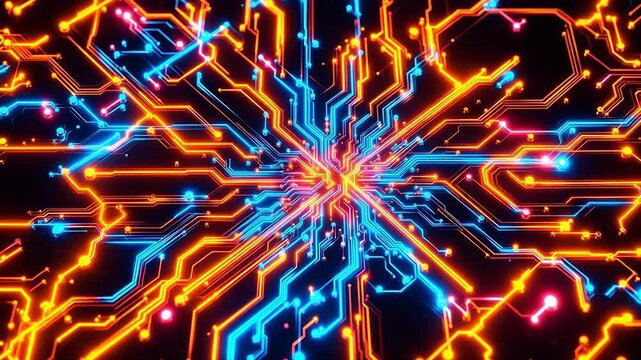 Dynamic Colorful glowing circuit board pattern representing Generative AI and Creative Energy