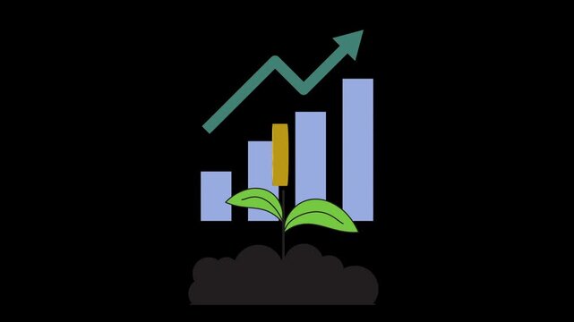 A growing green plant sprouts from a dark cloud with a rising green arrow and colorful bars in a graphic illustration.