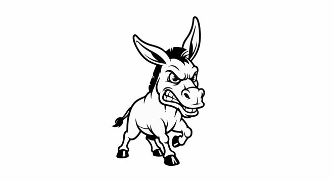 A black and white cartoon drawing of an angry donkey with bared teeth